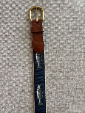 Leather Man Ltd Belt Size 36 Embroidered Fish Ribbon Leather Brass Preppy